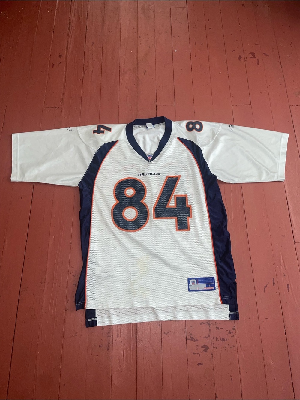 Reebok White and Navy #84 Broncos Men's Football Jersey